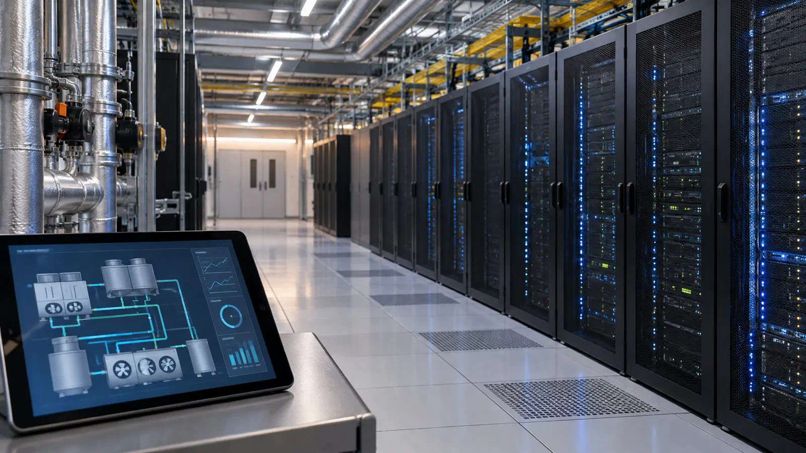Kaltgang in einem Rechenzentrum mit Serverracks, Kühlleitungen und Leittechnik-Bildschirm, Data Center Engineering WENGET