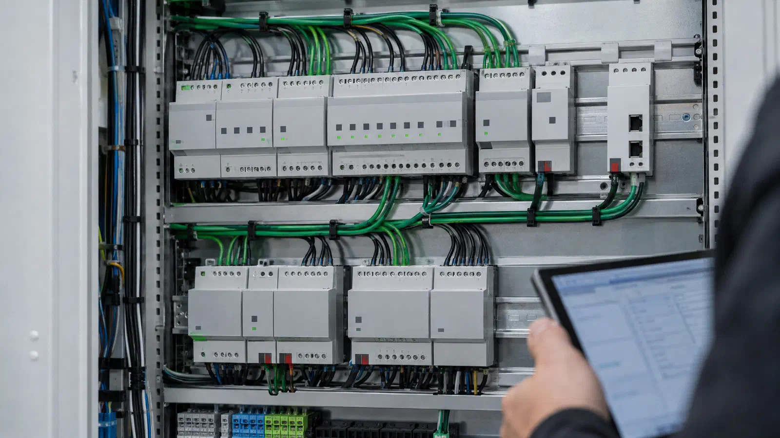 Elektroverteiler mit KNX-Aktoren, DALI-Gateway und KNX IP-Router, Techniker programmiert mit der ETS, KNX Engineering WENGET