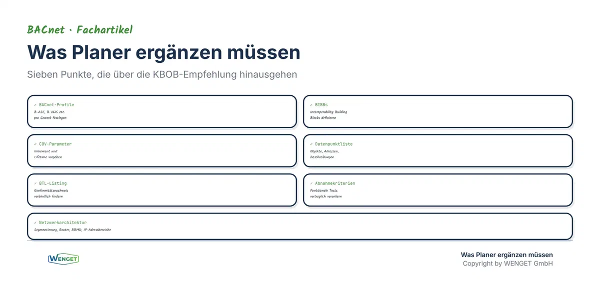 Wo die KBOB aufhört und die eigene Verantwortung beginnt, sieben Punkte, die Planer selbst regeln müssen