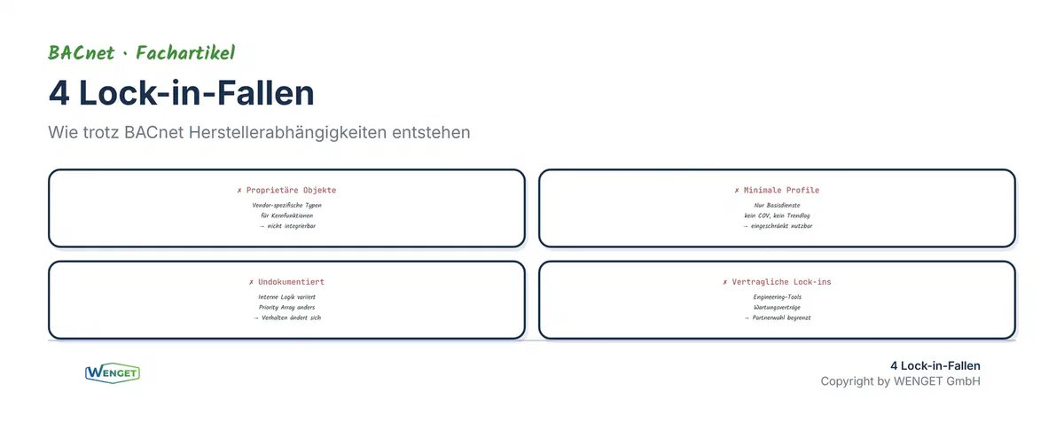 Vier Fallstricke: Vendor-spezifische Objekte, minimale Profile, undokumentierte Details, vertragliche Lock-ins