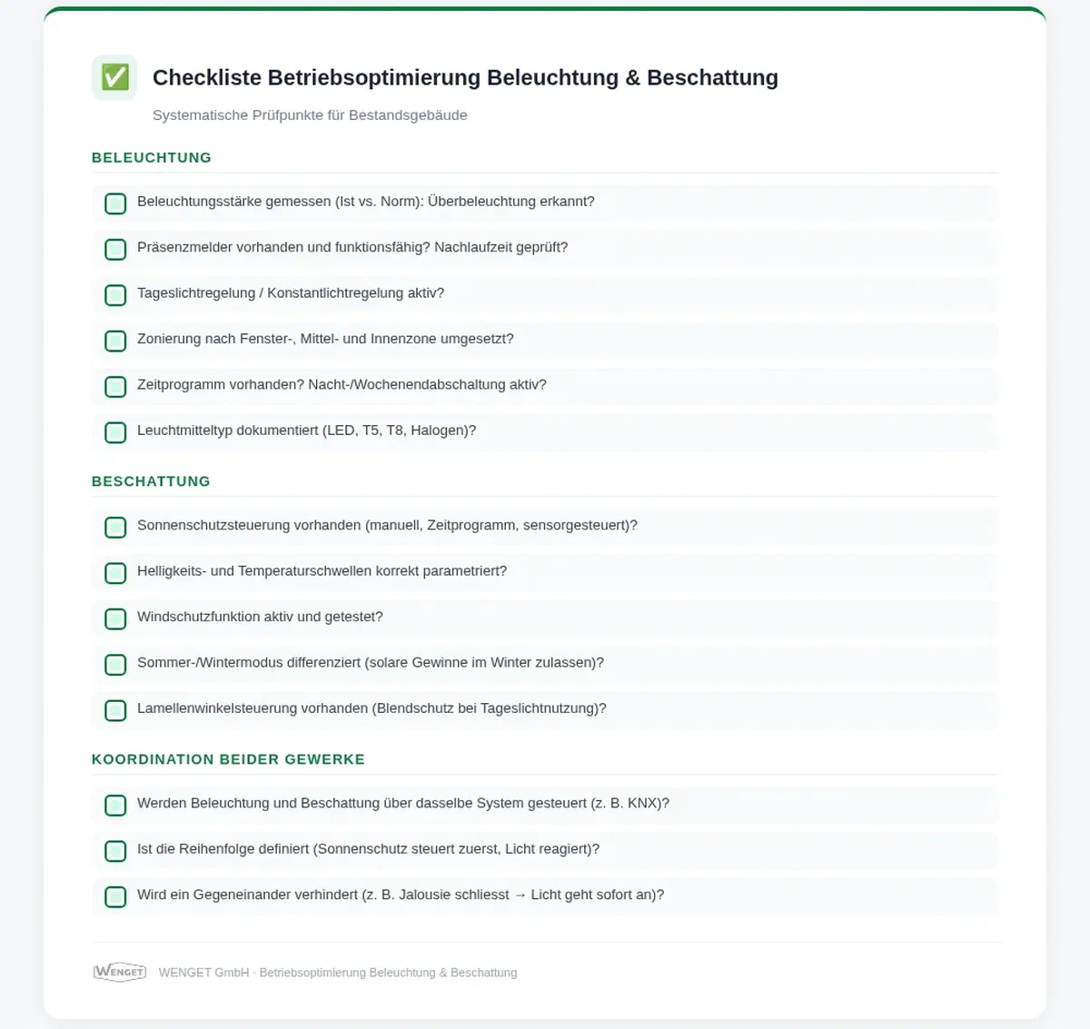 Checkliste Betriebsoptimierung Beleuchtung & Beschattung