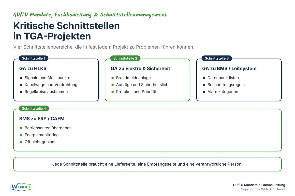 Die kritischen Schnittstellen in TGA-Projekten: GA, HLKS, Elektro, BMS und übergeordnete Systeme im Überblick.