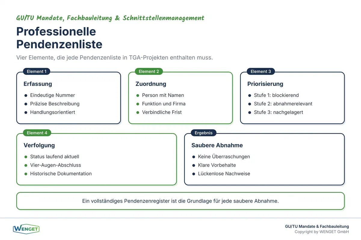 Vier Elemente einer professionellen Pendenzenliste: Erfassung, Zuordnung, Priorisierung und Verfolgung bis Abschluss.