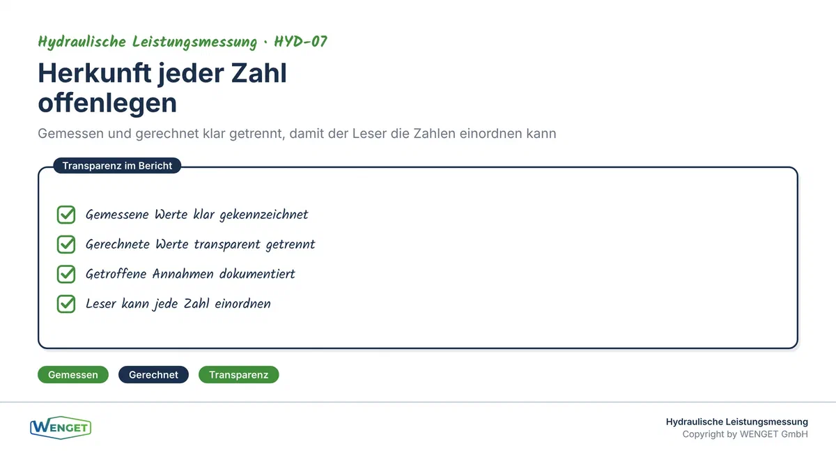 Herkunft jeder Zahl offenlegen: gemessen und gerechnet klar getrennt