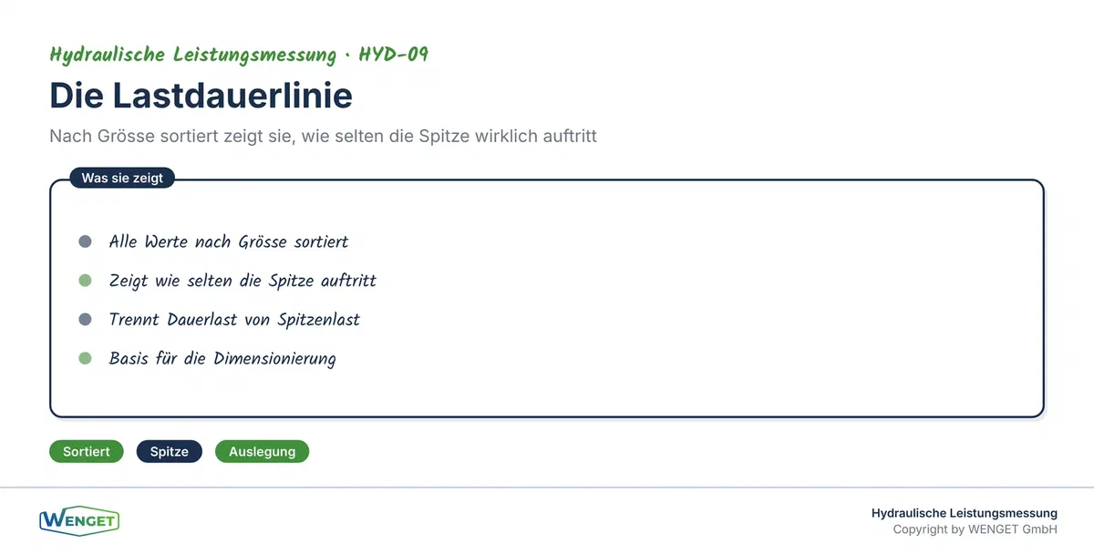 Die Lastdauerlinie: nach Grösse sortiert zeigt sie, wie selten die Spitze wirklich auftritt