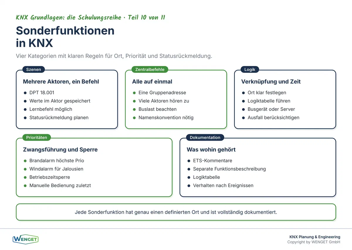Vier Kategorien von Sonderfunktionen in KNX: Szenen, Zentralbefehle, Logik und Prioritäten im Überblick.