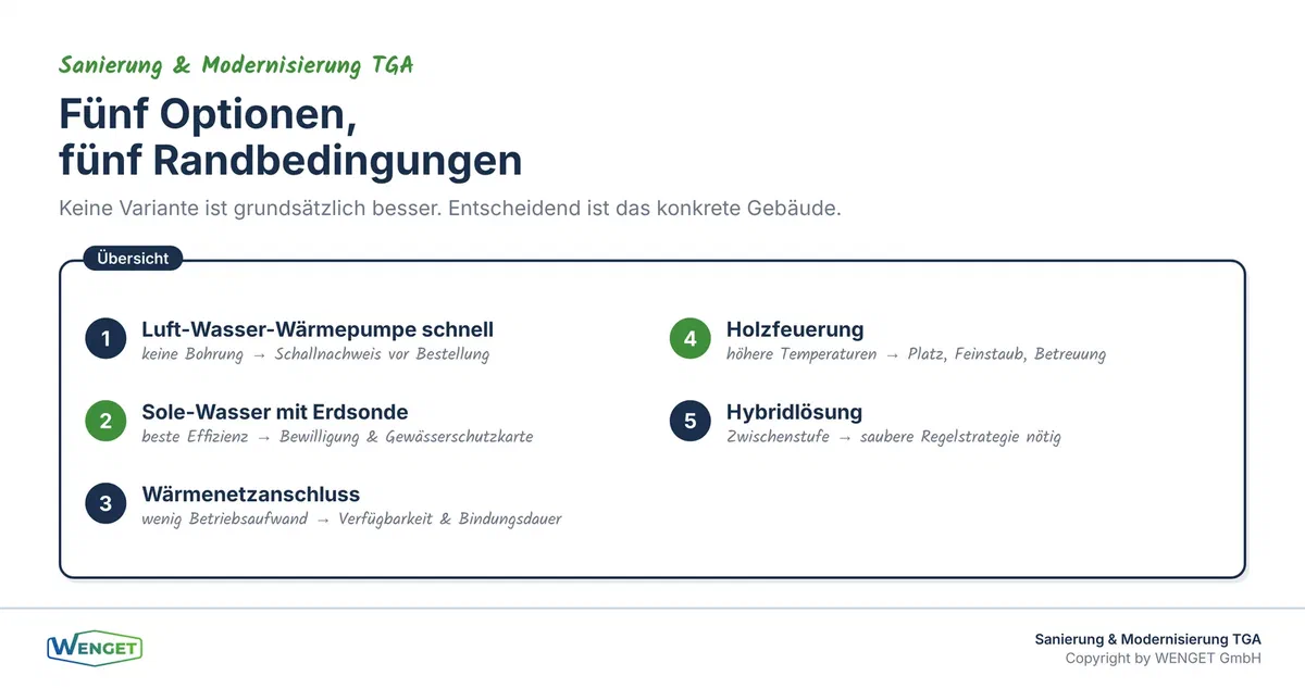 Die fünf Optionen und ihre entscheidenden Randbedingungen.